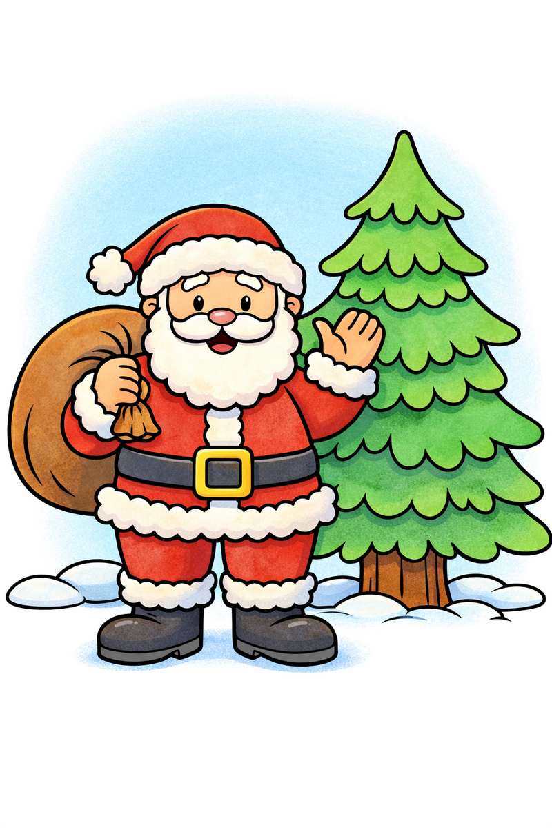 Dibujo de Papá Noel con barriga redonda y barba esponjosa saludando, con un gran saco de regalos junto a un pino nevado, para colorear