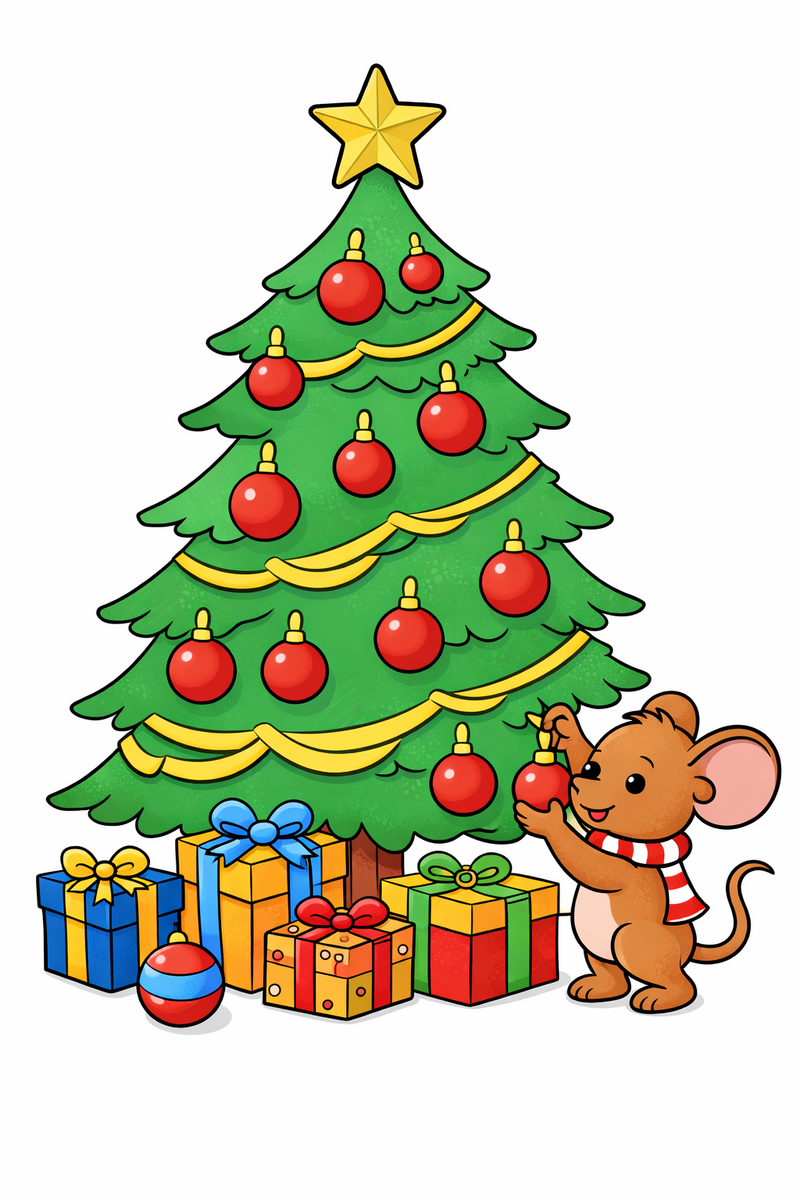 Dibujo de un gran árbol de Navidad decorado con una estrella en la punta, bolas, una guirnalda y regalos envueltos debajo, con un ratoncito colgando una esfera más, para colorear