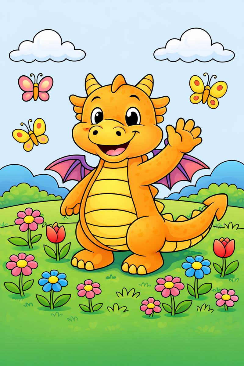 A friendly smiling dragon with small wings and a round belly waving hello in a meadow full of flowers and butterflies coloring page