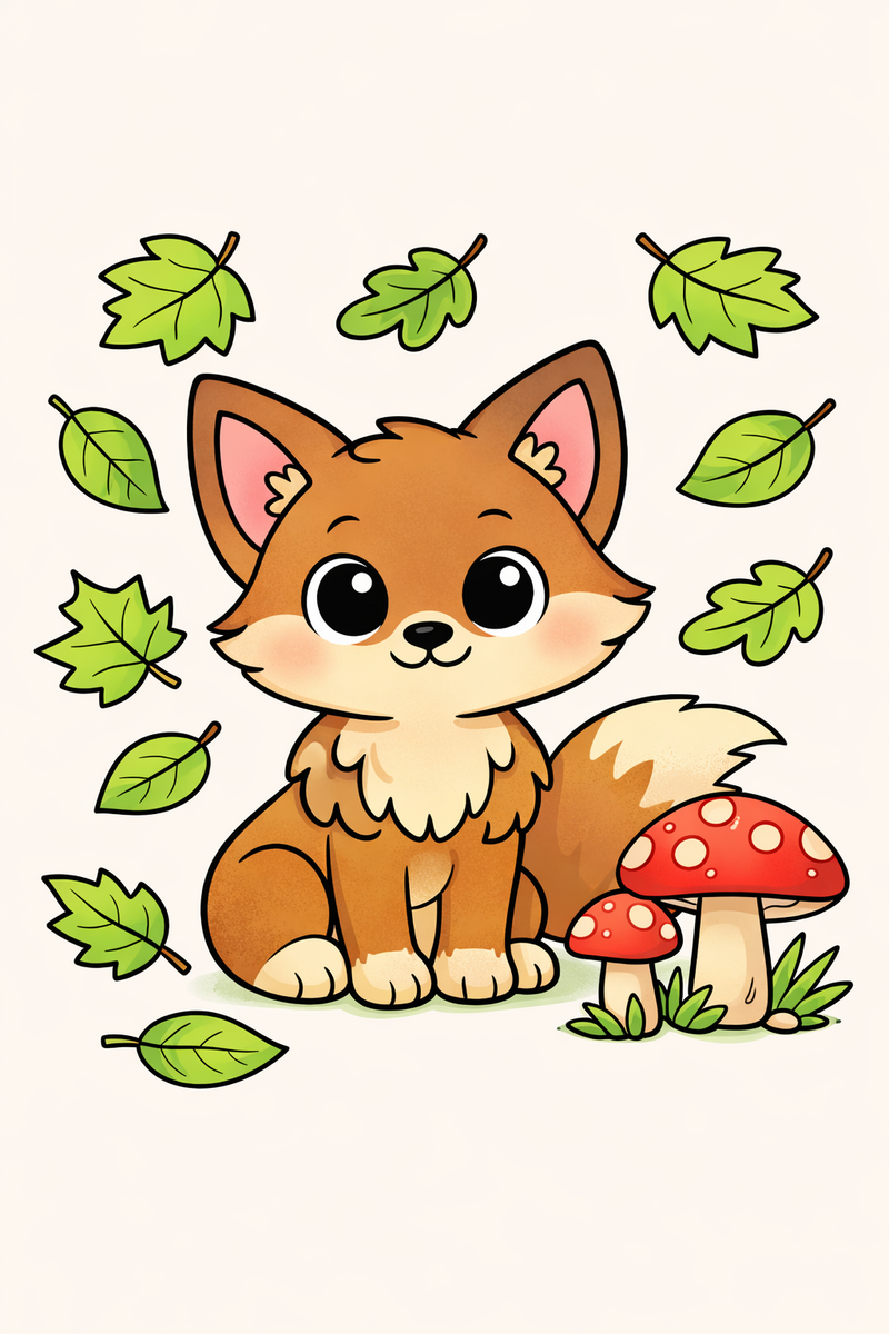 A cute fox with a bushy tail sitting among falling autumn leaves next to a pair of mushrooms coloring page