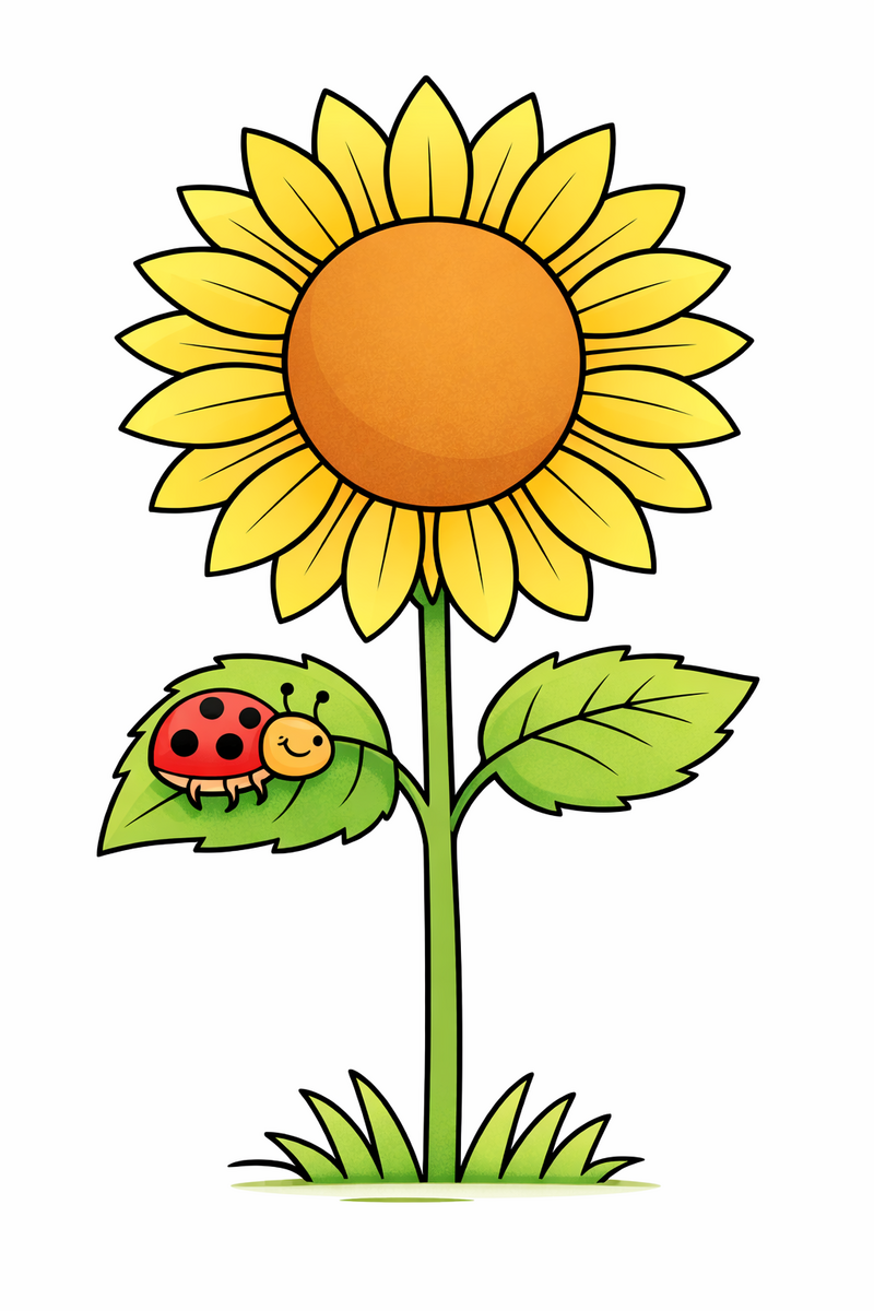 A tall sunflower with a big round center and large petals, with a little ladybug resting on one of its leaves coloring page