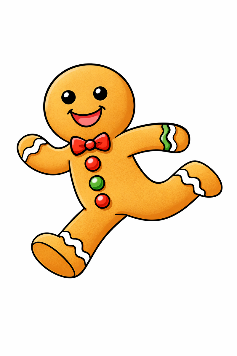 A gingerbread man cookie running as fast as he can with both arms swinging and one leg kicked high behind him coloring page