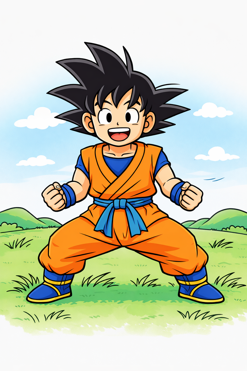 Goku, el artista marcial alegre de pelo negro puntiagudo con gi naranja, faja azul y muñequeras azules, en posición de guardia sobre una colina de hierba, dibujo para colorear