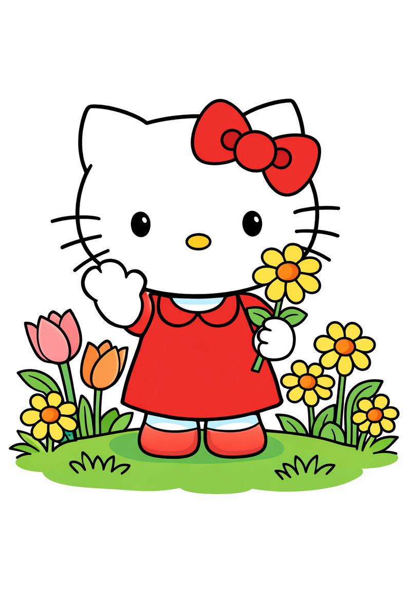 Dibujo de una gatita blanca estilo Hello Kitty saludando en un jardín de flores para colorear