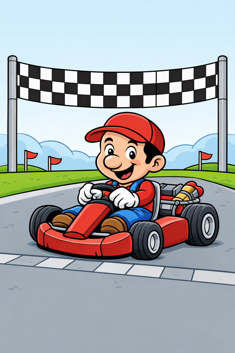 Un fontanero de dibujos con gorra roja agarrando el volante de un kart pequeño y abierto en la línea de salida de un circuito, con una bandera a cuadros cruzando por encima, dibujo para colorear
