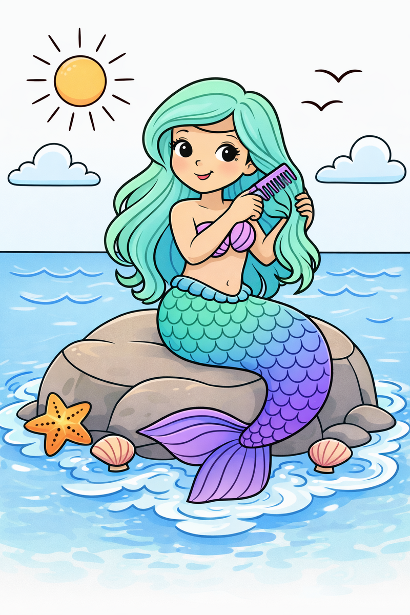 A smiling mermaid sitting on a big smooth rock at the shore combing her long wavy hair while her curved tail dips into the waves coloring page