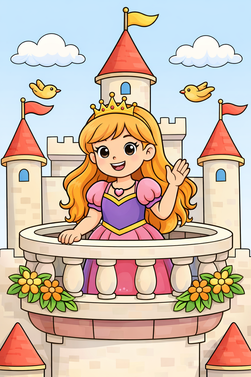 Dibujo de una princesa saludando desde el balcón de su castillo para colorear