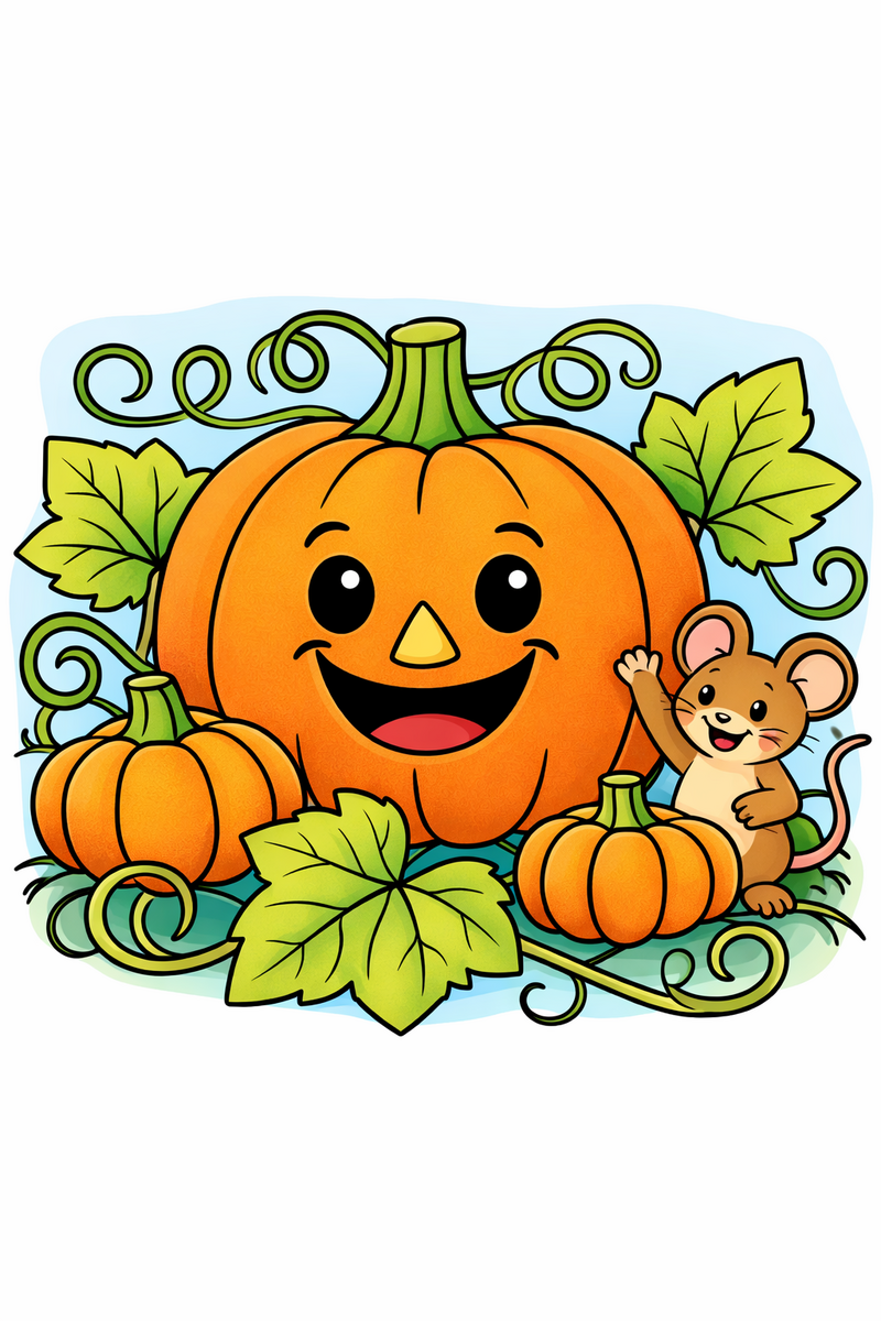 A big smiling pumpkin sitting in a pumpkin patch among curly vines, big leaves and two small pumpkins, with a little mouse waving coloring page