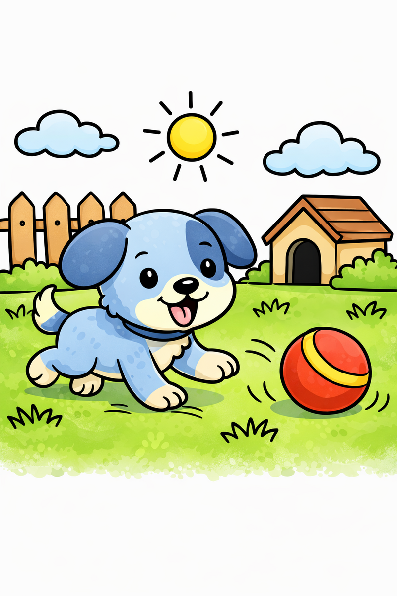 A happy round-headed cartoon puppy with floppy ears and a fluffy tail chasing a bouncing ball across a sunny backyard lawn coloring page