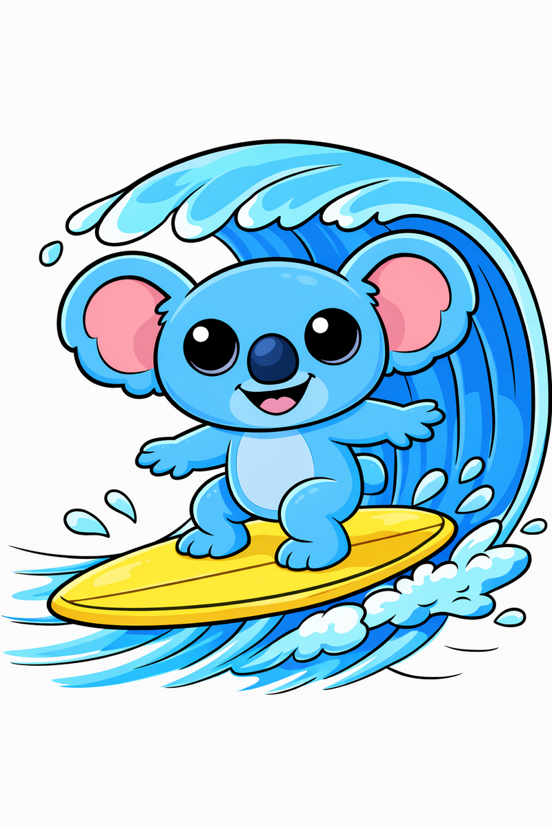 Dibujo de un alien azul estilo Stitch surfeando una gran ola para colorear