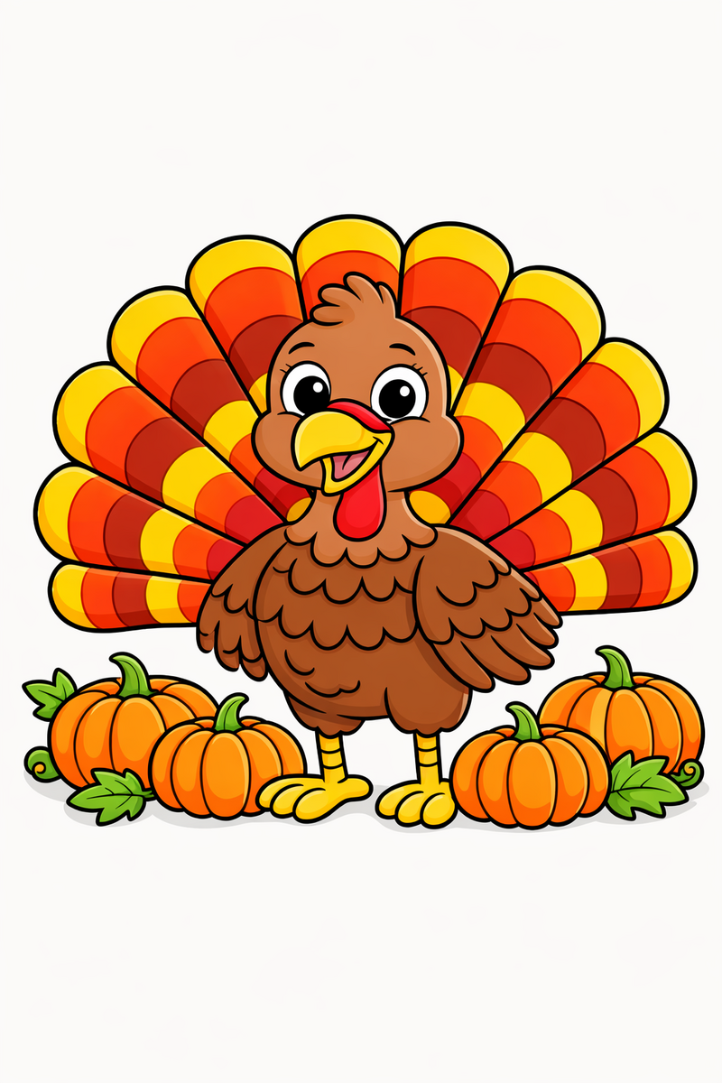 Dibujo de un pavo orgulloso con la cola abierta de plumas grandes, de pie entre calabazas pequeñas, para colorear