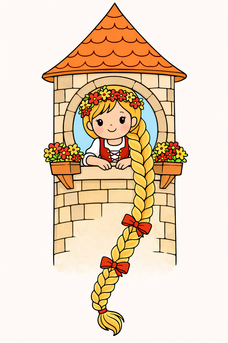 Rapunzel en la ventana de la torre, dibujo para colorear