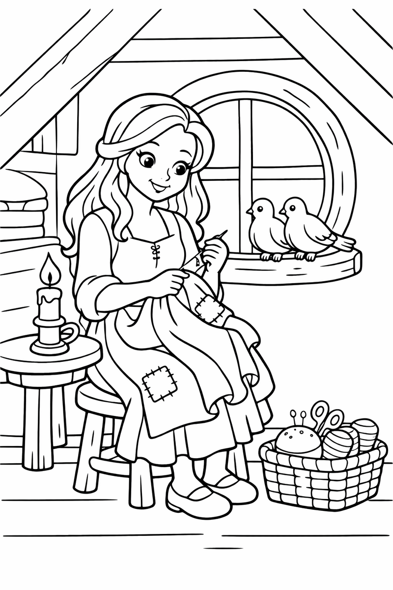 Cenicienta cosiendo, dibujo para colorear