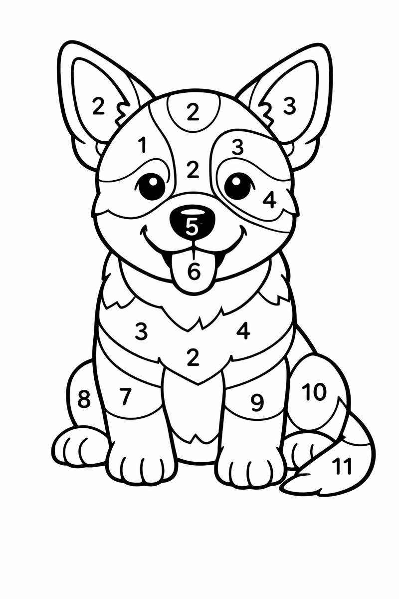 A sitting heeler puppy portrait divided into small numbered regions for a color by number activity coloring page
