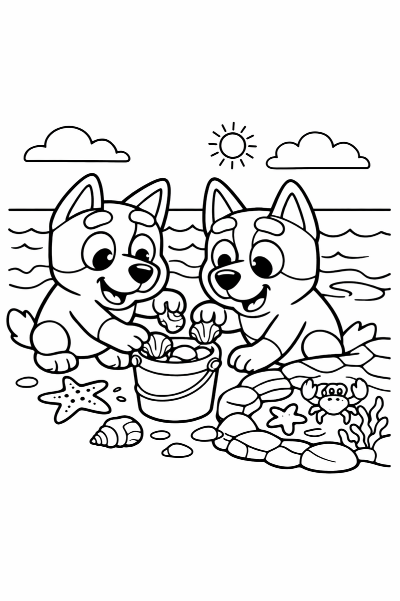 Two heeler cousin puppies crouching at the shoreline dropping seashells into a bucket beside a rock pool coloring page