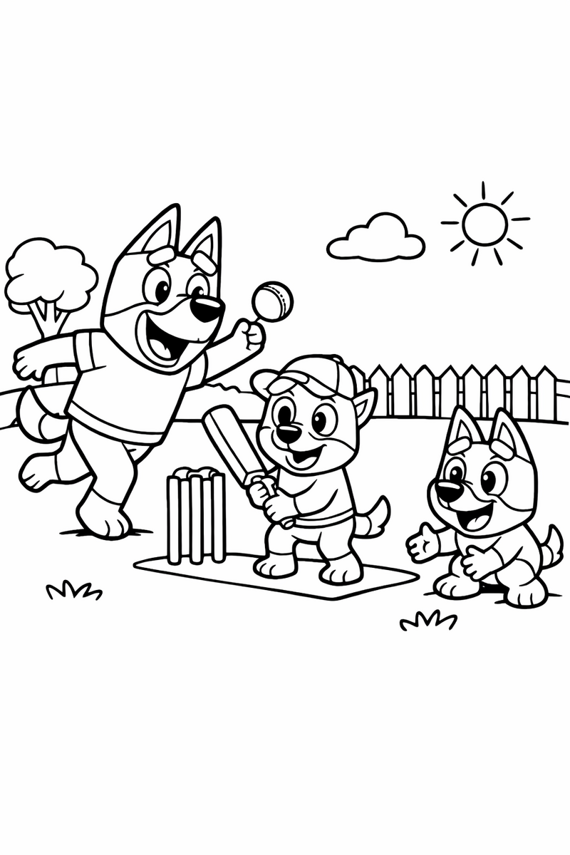 A big blue heeler dad bowling a ball while two puppies bat and field on a grassy park for backyard cricket coloring page