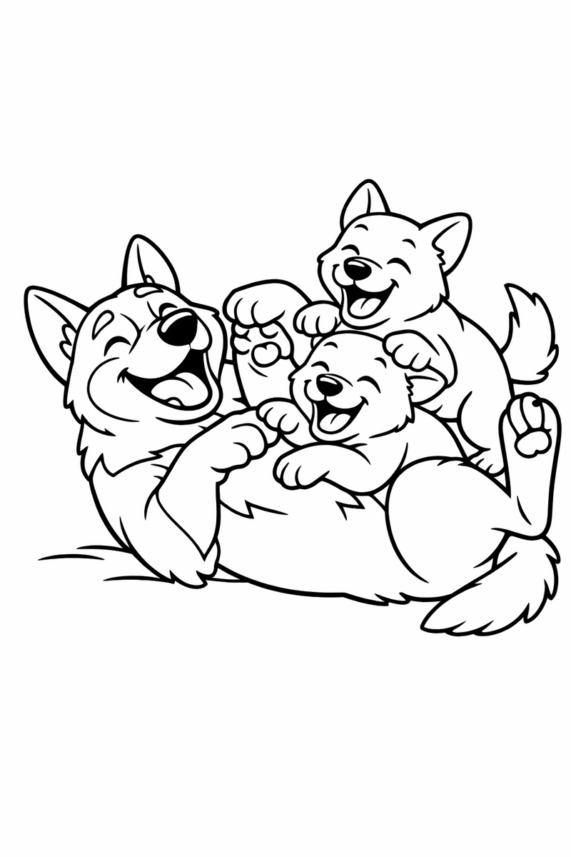 A big blue heeler dad lying on the floor tickling two giggling puppies who pile on top of him coloring page
