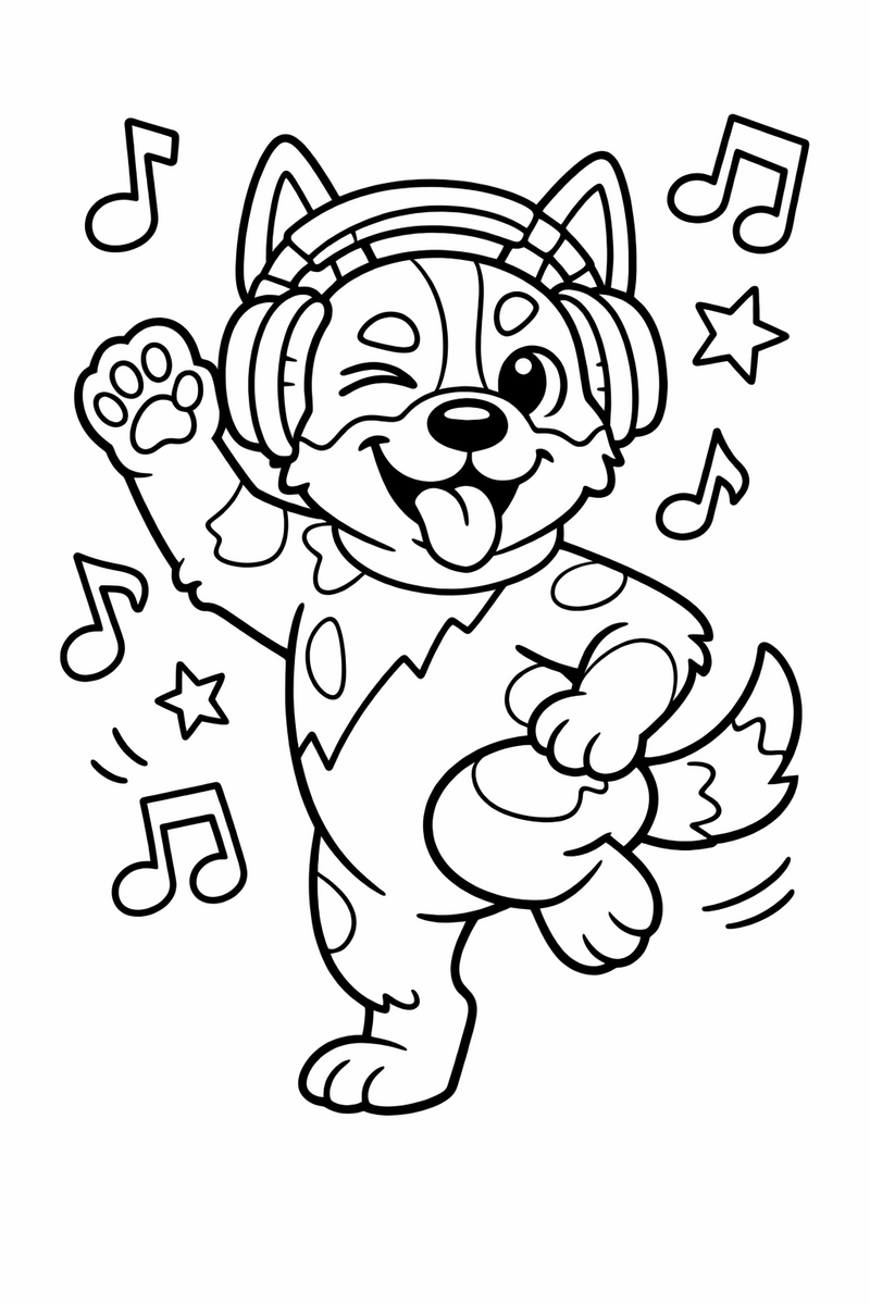 A blue heeler puppy striking a wild dance pose with one paw up wearing chunky headphones surrounded by music notes coloring page