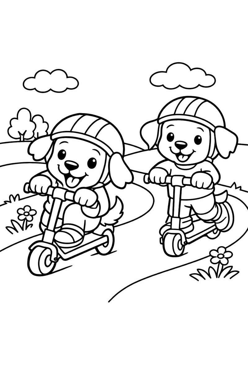 Two puppy friends racing scooters down a footpath with helmets on and one leaning into the turn coloring page