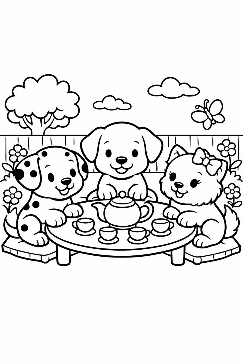 Three puppy friends seated around a low table with a teapot and tiny cups at an outdoor garden tea party coloring page