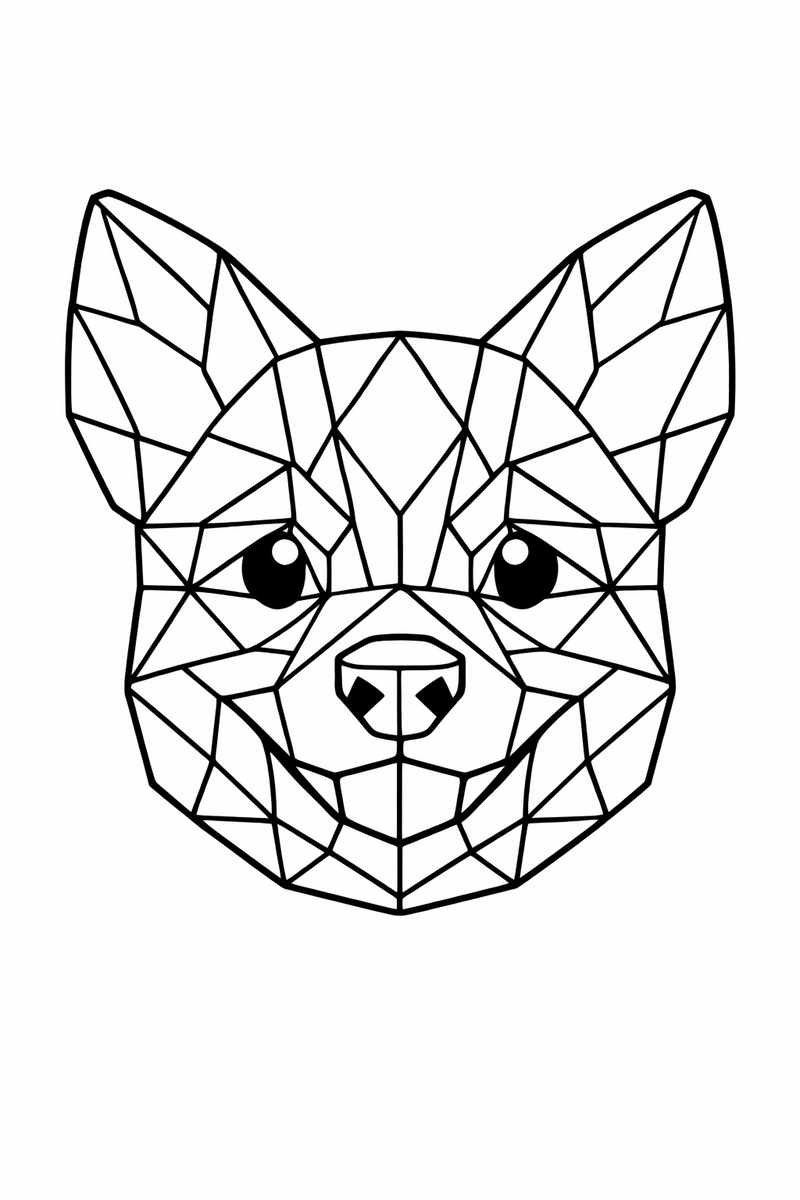 A heeler puppy head built entirely from triangles and polygon facets like a geometric low poly mosaic coloring page
