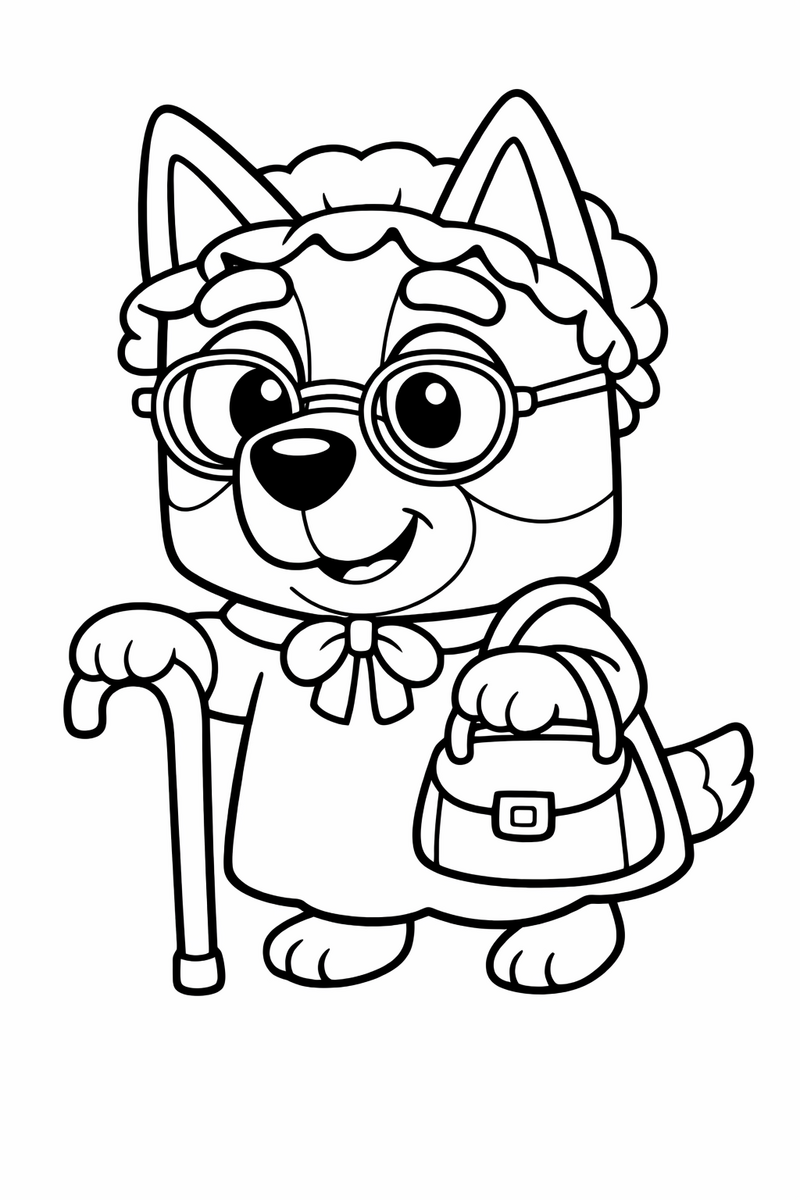A blue heeler puppy pretending to be a granny walking with a curved cane and a handbag over one arm and round glasses on coloring page