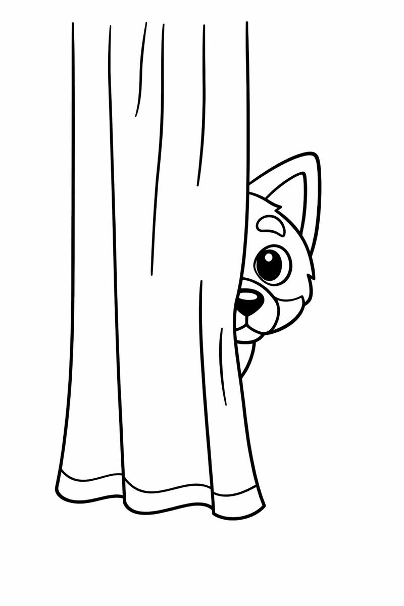 A blue heeler puppy peeking out from behind a long window curtain with only her nose and one eye showing during hide and seek coloring page