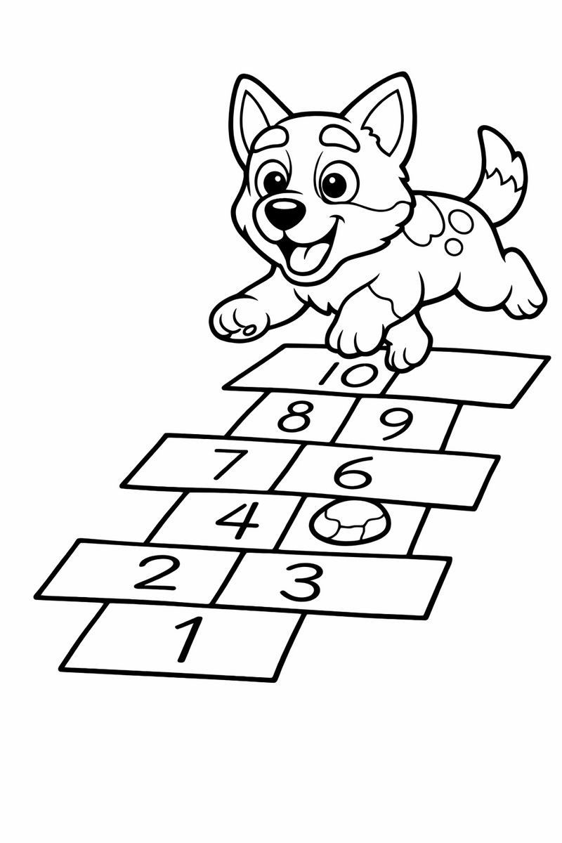 A blue heeler puppy mid-hop over a chalk hopscotch grid drawn on the pavement with a tossed marker stone coloring page
