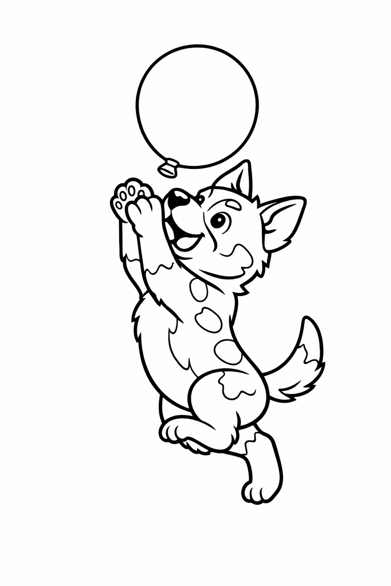 A blue heeler puppy leaping to tap a balloon and keep it off the floor with paws stretched upward coloring page