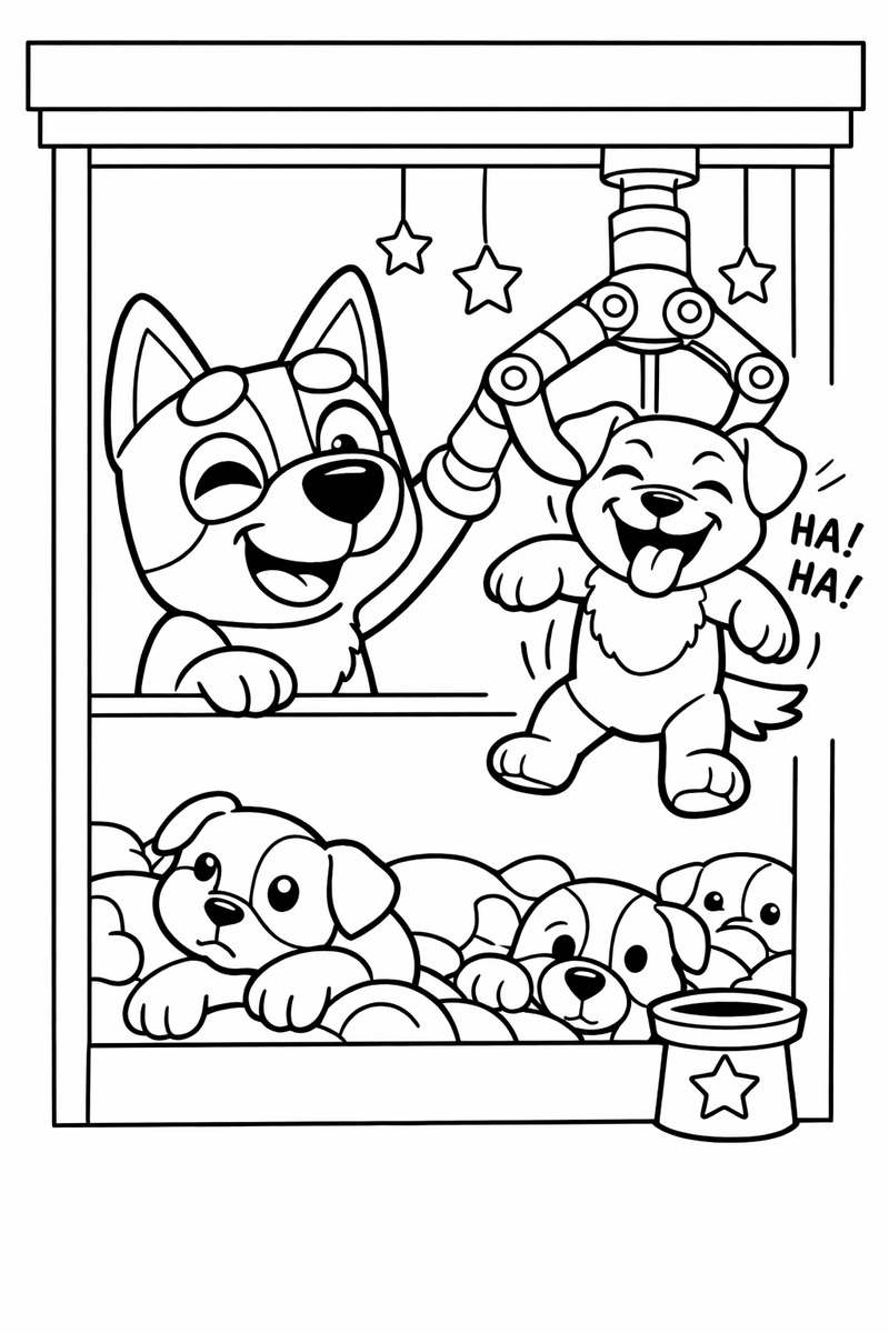A blue heeler puppy holding a bent arm like a claw machine grabber lowering it to pick up a stiff giggling puppy for the magic claw game coloring page