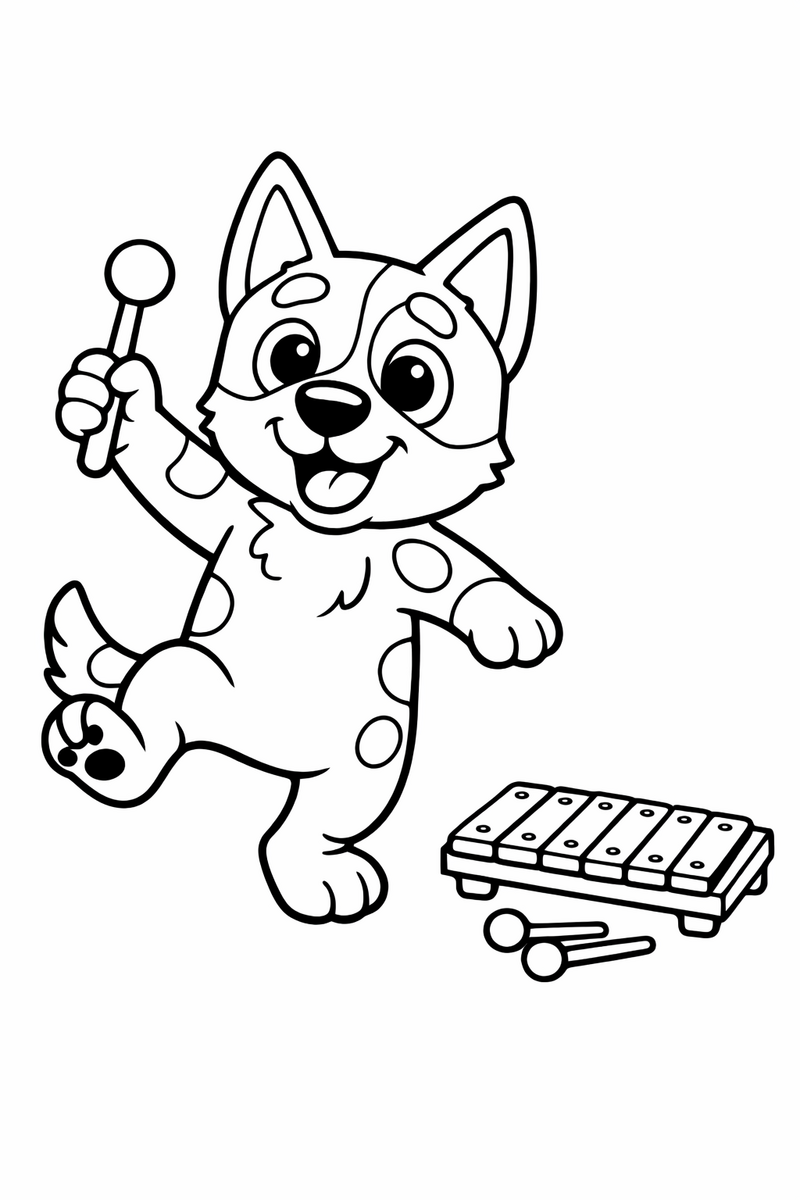 A blue heeler puppy frozen mid-step on one paw holding up a toy xylophone mallet with a small striped xylophone nearby coloring page