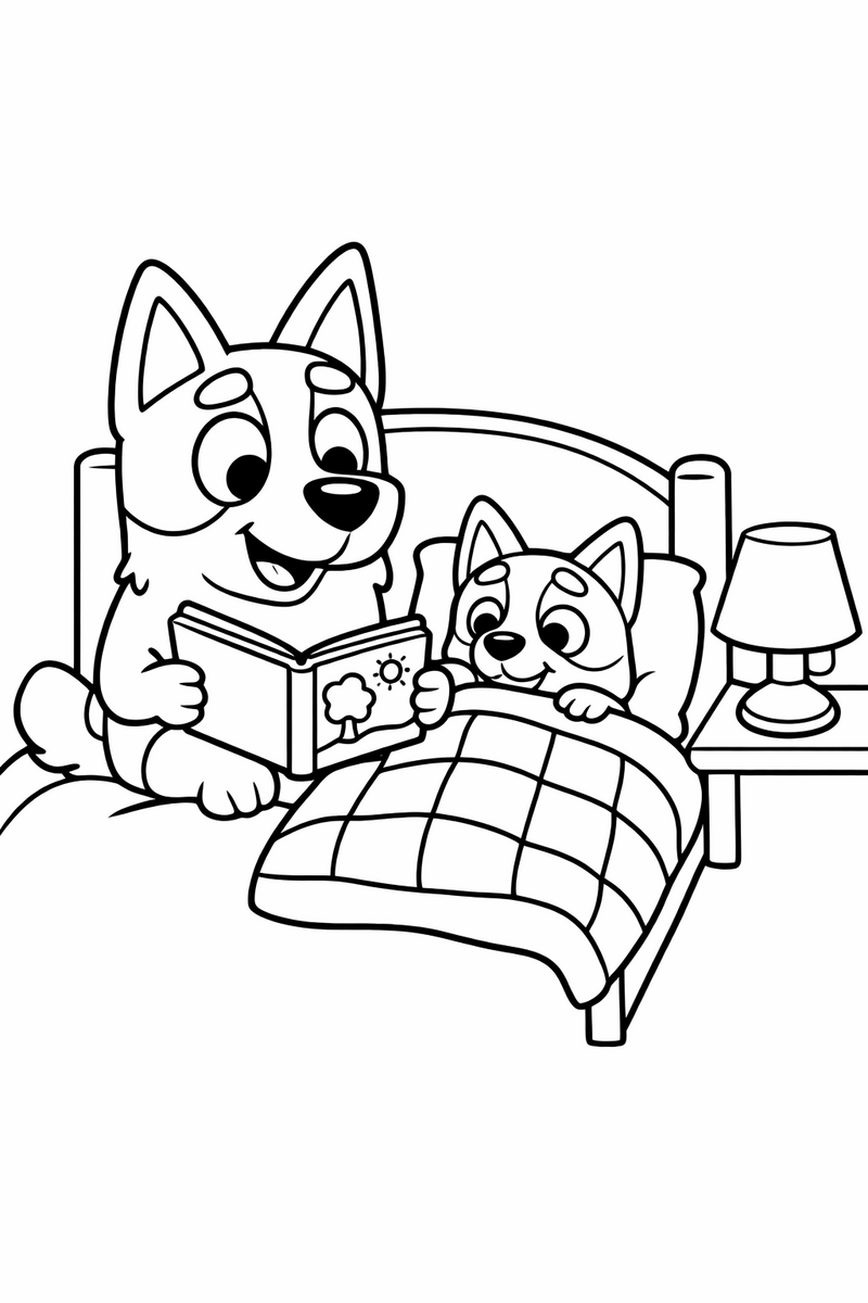 A tan heeler mum sitting on a bed reading a picture book to a puppy tucked under a quilt with a lamp glowing coloring page