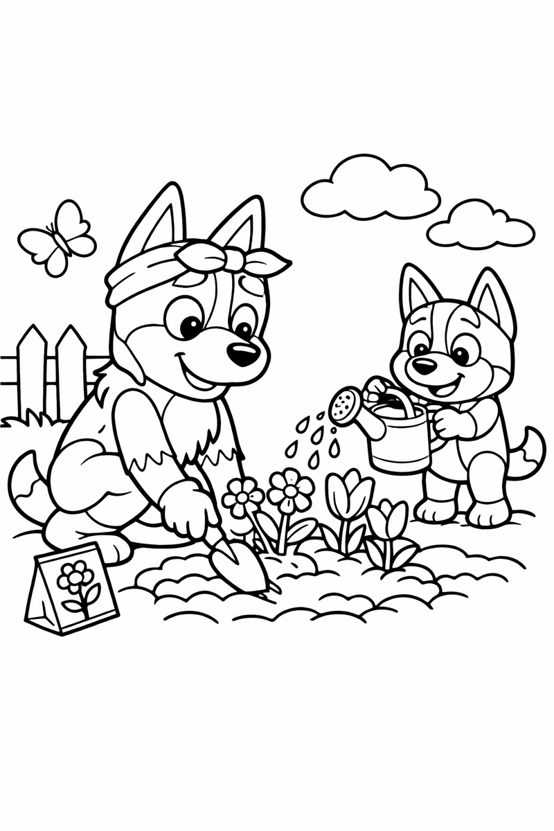 A tan heeler mum kneeling in a garden bed planting flowers with a trowel while a puppy waters them with a can coloring page