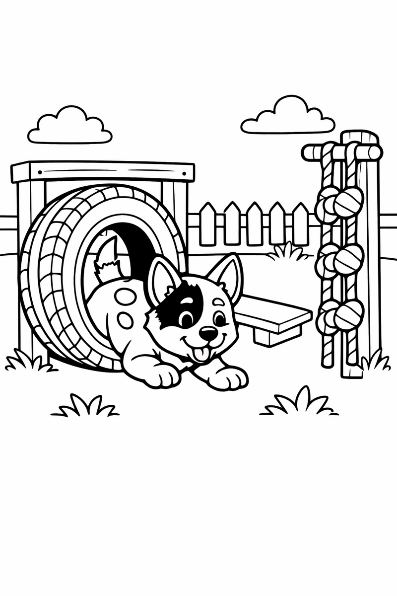 A blue heeler puppy crawling through a backyard obstacle course with a tire a plank balance beam and a knotted rope to climb coloring page