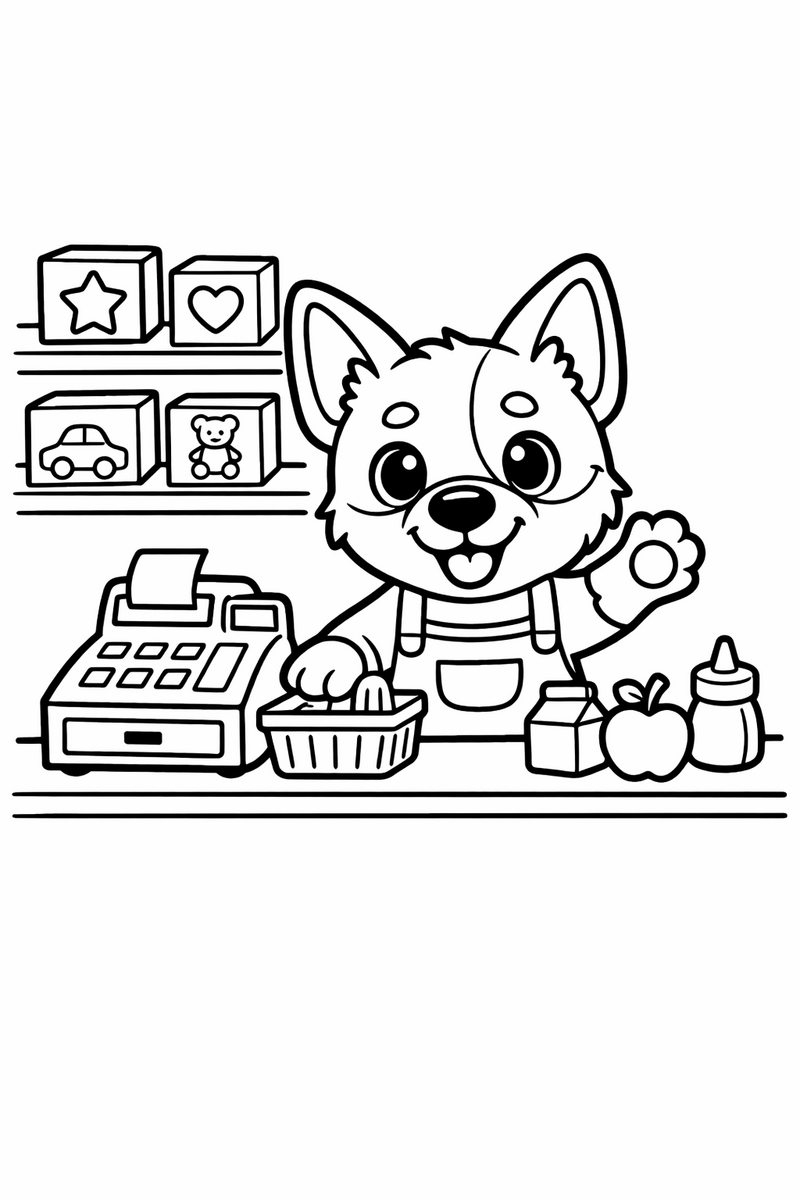 A small orange heeler puppy playing shopkeeper behind a toy counter with a pretend cash register and shelves of little boxes coloring page