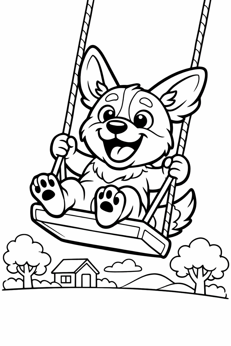 A small orange heeler puppy swinging high on a park swing with her ears flying up and a big grin coloring page
