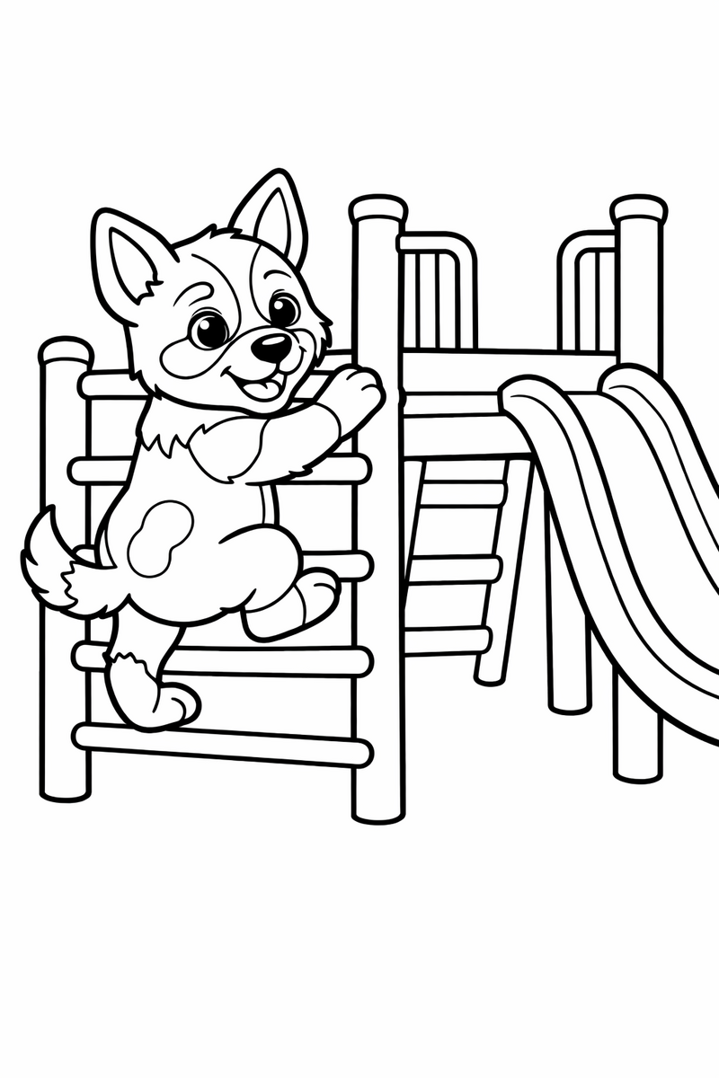 A blue heeler puppy climbing up the bars of a playground jungle gym toward a slide platform coloring page
