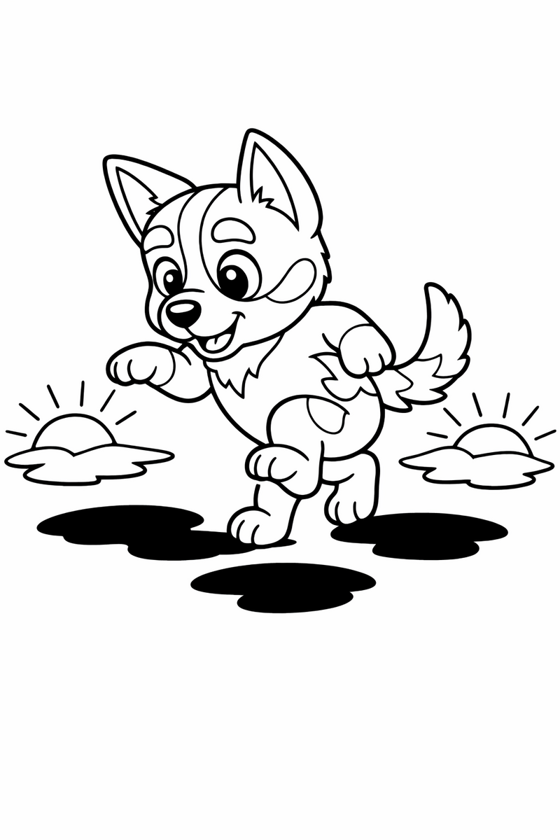 A blue heeler puppy tiptoeing on pointed toes between patches of shadow on the ground trying not to touch the sunlight coloring page