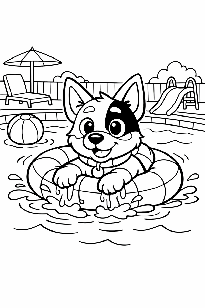 A blue heeler puppy paddling across a backyard pool inside a ring floatie with splashes around her paws coloring page