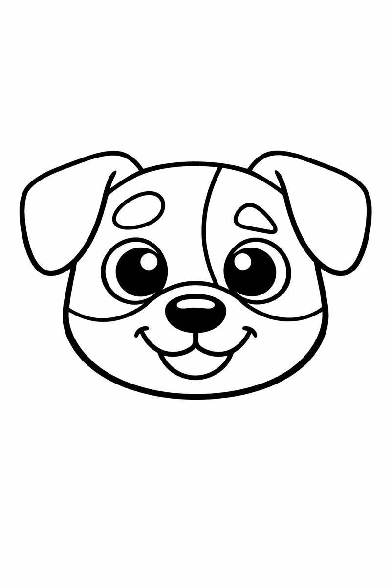A simple smiling heeler puppy face with big round eyes floppy ears and extra thick bold outlines for toddlers coloring page