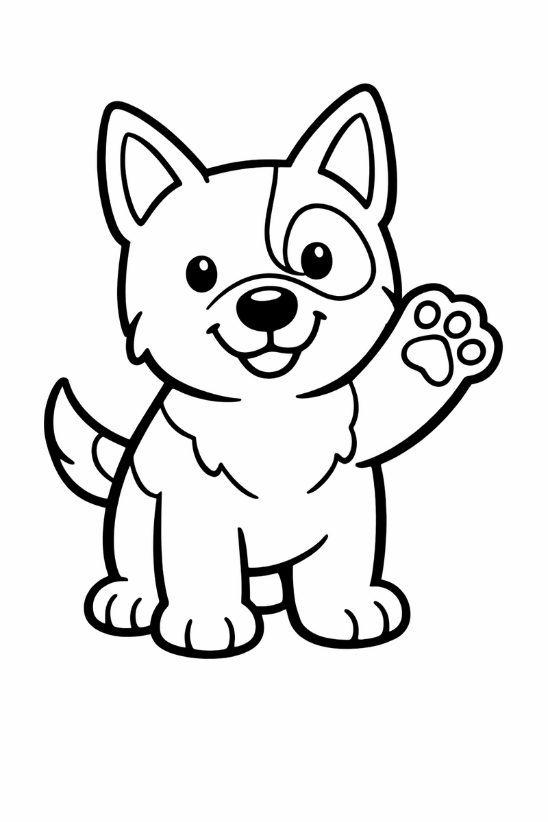 A very simple chunky heeler puppy standing and waving one paw drawn with bold easy lines and few details coloring page