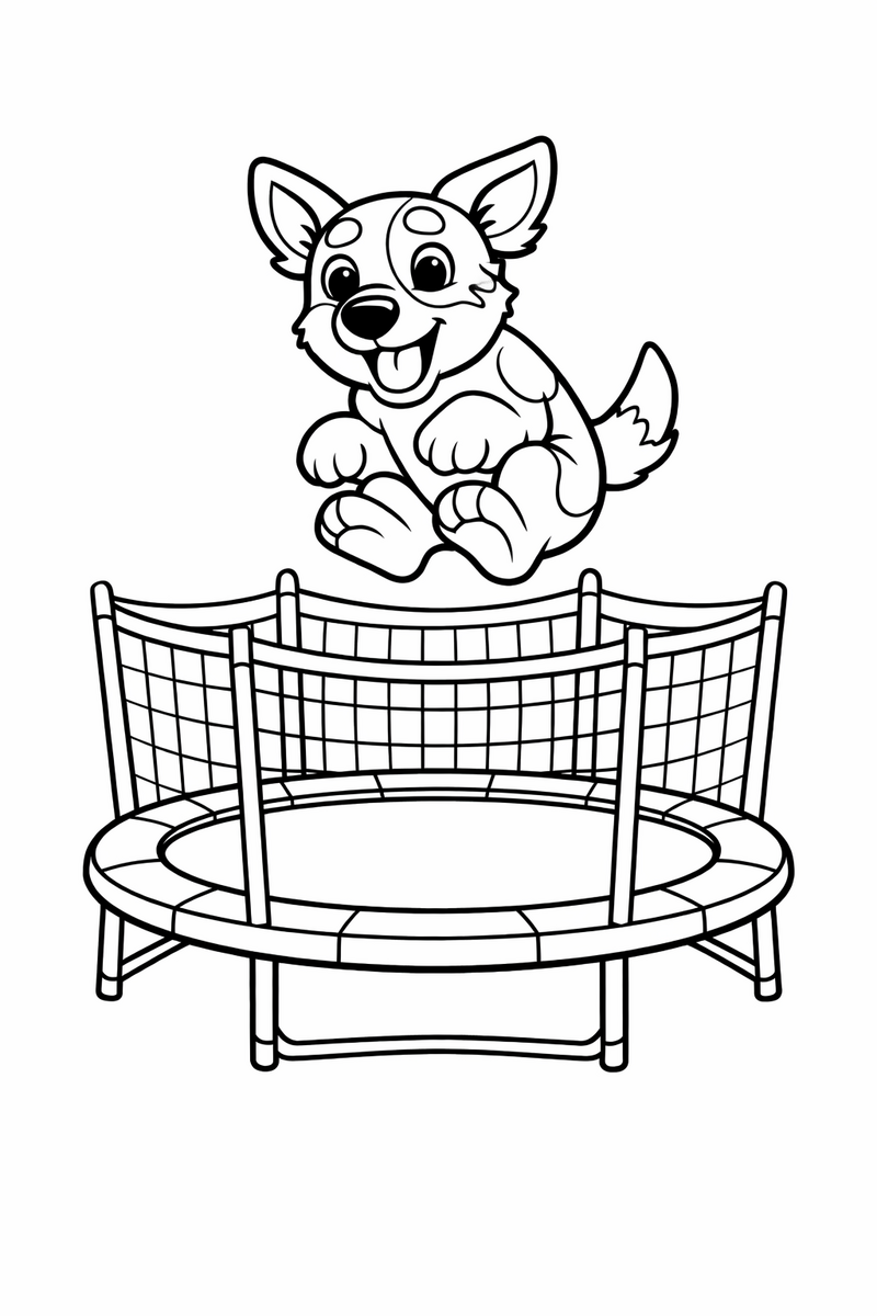 A blue heeler puppy bouncing high above a round backyard trampoline with legs tucked and ears flying and a safety net behind coloring page