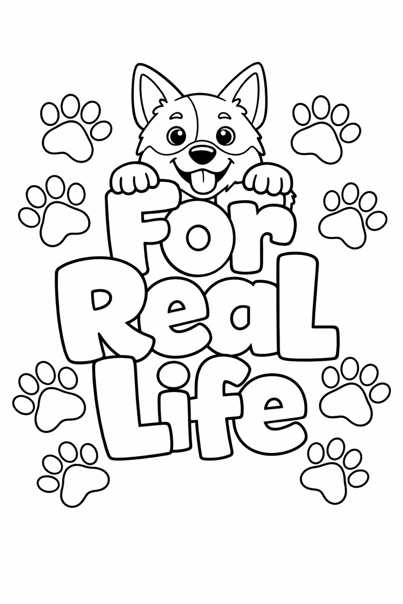 The playful phrase For Real Life in big bubble letters surrounded by paw prints with a happy heeler puppy peeking over the top coloring page