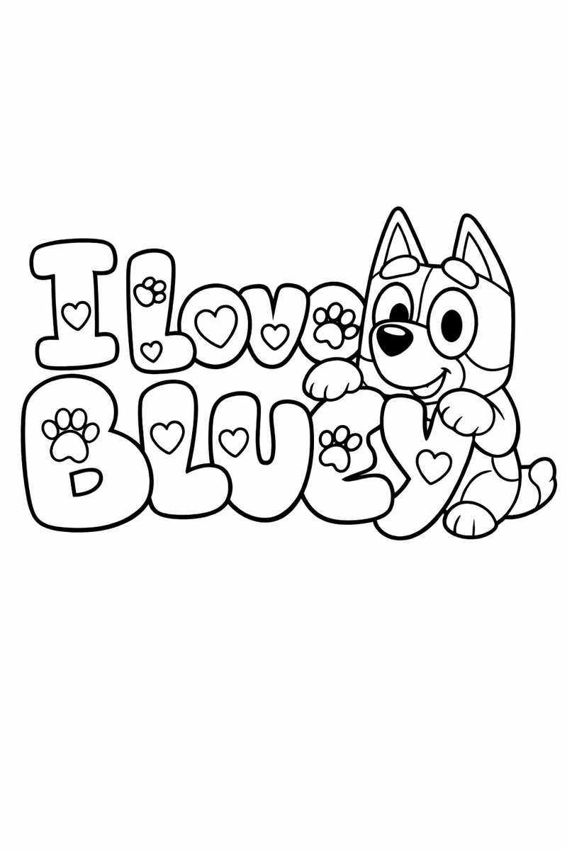 The words I Love Bluey in rounded bubble letters filled with hearts and paw prints with a small heeler puppy hugging the letters coloring page