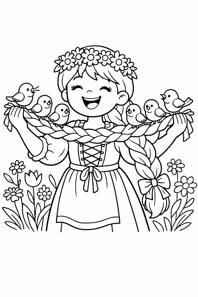 Rapunzel y los pajaritos, dibujo para colorear