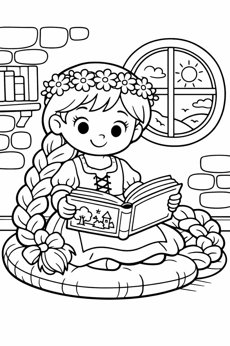 Rapunzel leyendo en la torre, dibujo para colorear