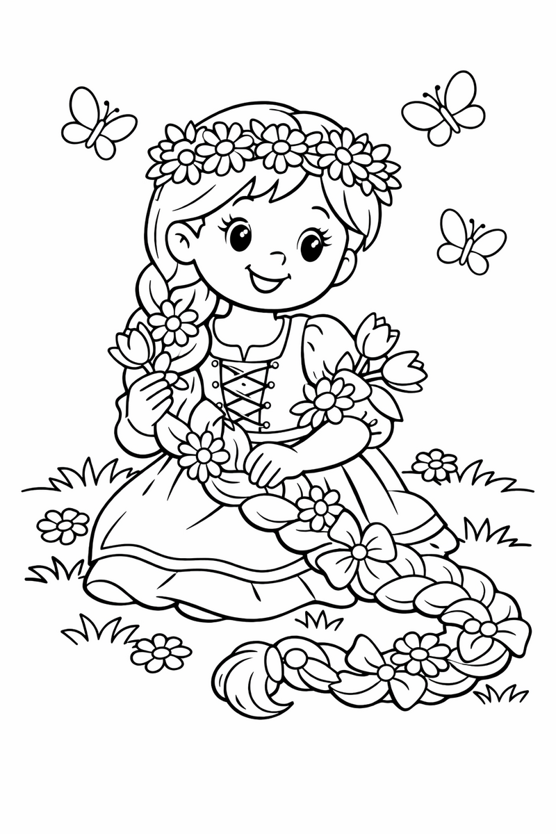 Rapunzel trenzando flores, dibujo para colorear