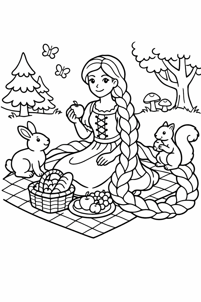 Pícnic en el bosque, dibujo para colorear