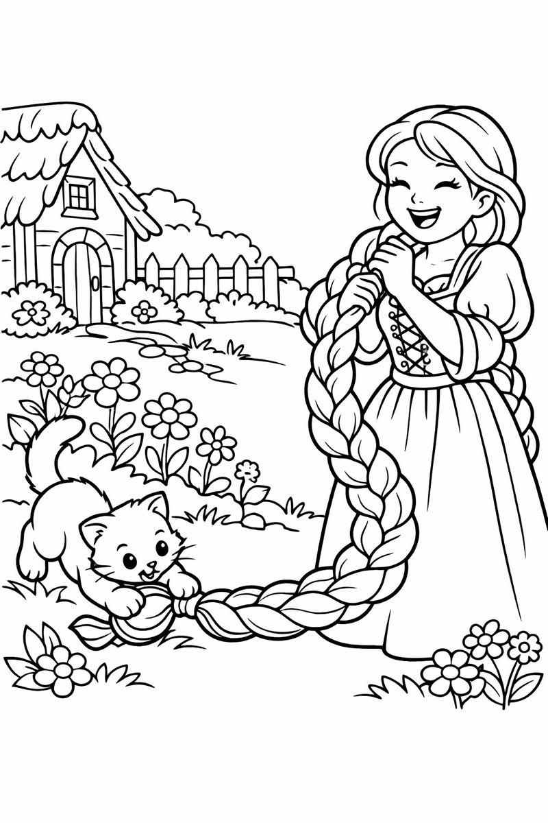 Rapunzel y el gatito, dibujo para colorear