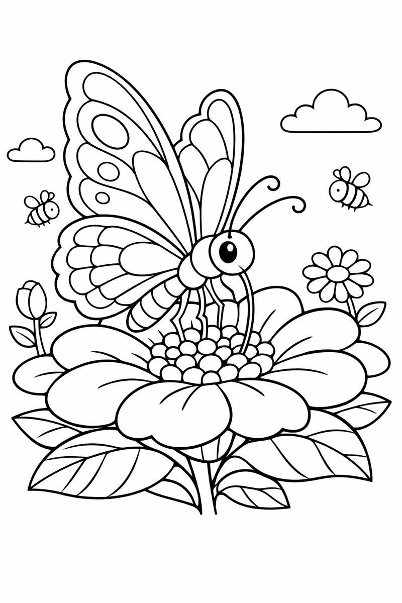 A delicate butterfly perching on the open petals of one large flower and sipping nectar with wings raised coloring page